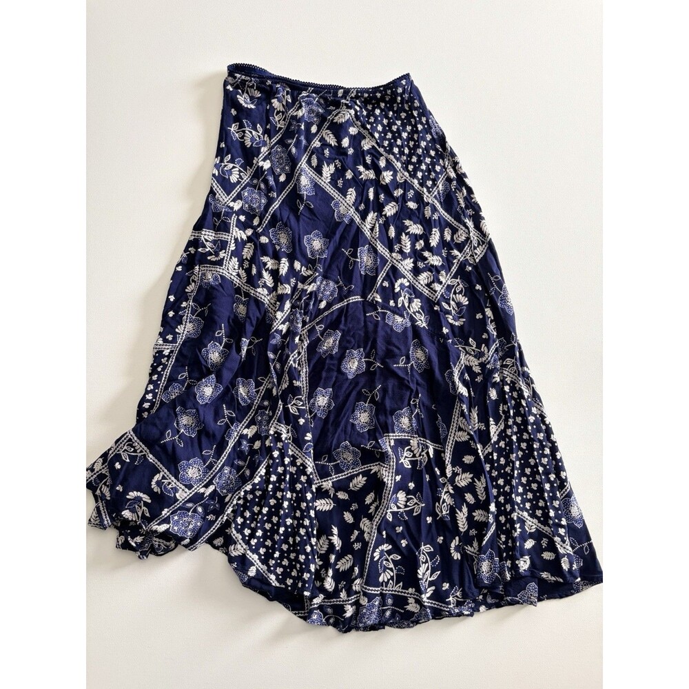Vintage Y2K Lola P. 2000's Flowy Maxi Skirt Hanky Hem Blue White Floral Medium - Picture 8 of 8
